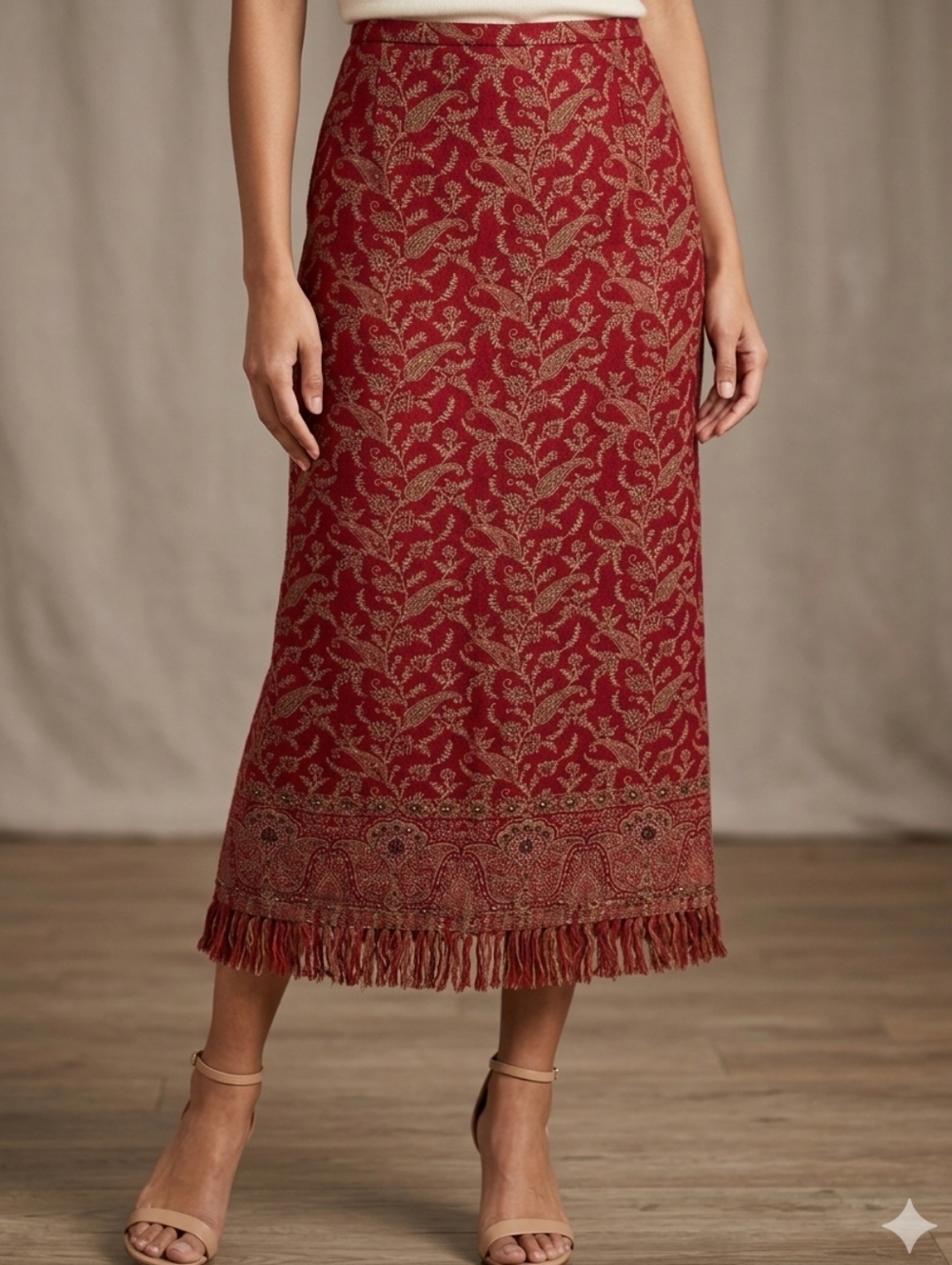 Nouveaux Vintage Red Paisley Tapestry Beaded Fringe Maxi Skirt Size 12